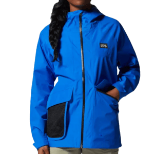 The Mountain Hardwear Landsky Jacket is a blue outerwear piece with a front zipper, hood, and a distinctive mesh pocket detail on the front. It features long sleeves and a relaxed fit.