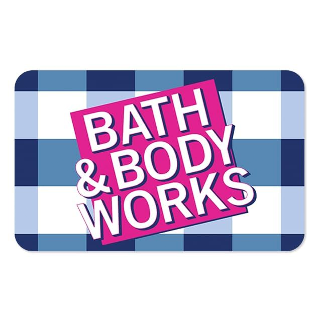 Gift card with a blue and white checkered background, featuring the \“Bath & Body Works\“ logo in bold pink and white text.