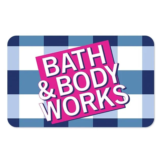 Gift card with a blue and white checkered background, featuring the \“Bath & Body Works\“ logo in bold pink and white text.