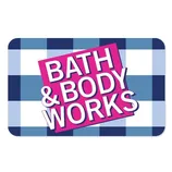 Gift card with a blue and white checkered background, featuring the \“Bath & Body Works\“ logo in bold pink and white text.
