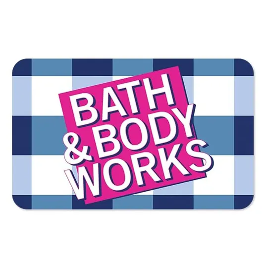 Gift card with a blue and white checkered background, featuring the \“Bath & Body Works\“ logo in bold pink and white text.