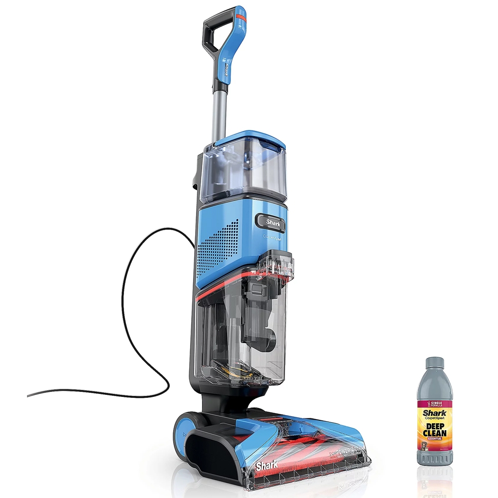 A Shark upright vacuum cleaner designed for deep carpet cleaning is shown, accompanied by a bottle of cleaning solution.