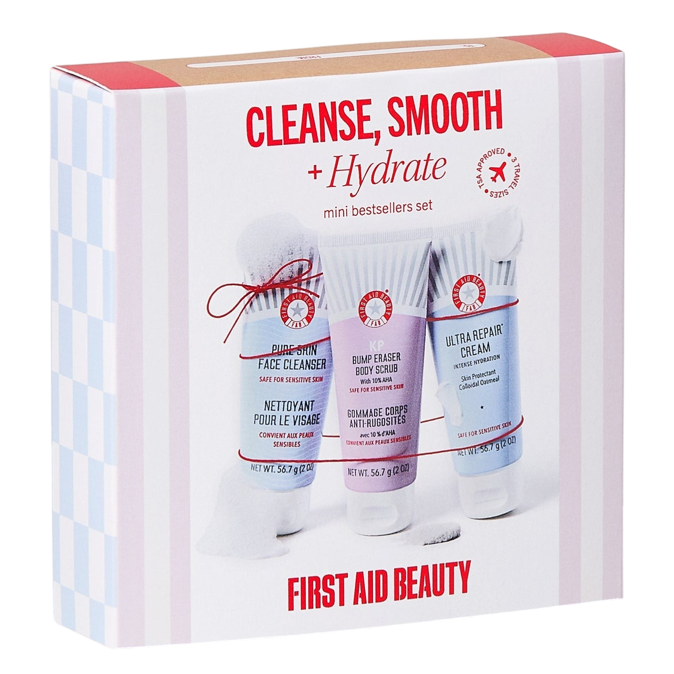 First Aid Beauty Cleanse, Smooth, and Hydrate mini bestsellers set includes three items: Pure Skin Face Cleanser, KP Bump Eraser Body Scrub, and Ultra Repair Cream. Safe for sensitive skin and TSA approved.