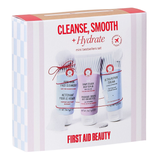 First Aid Beauty Cleanse, Smooth, and Hydrate mini bestsellers set includes three items: Pure Skin Face Cleanser, KP Bump Eraser Body Scrub, and Ultra Repair Cream. Safe for sensitive skin and TSA approved.