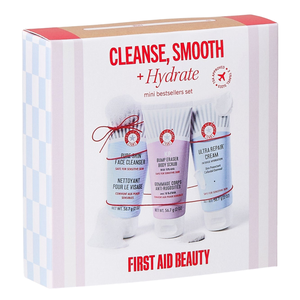 First Aid Beauty Cleanse, Smooth, and Hydrate mini bestsellers set includes three items: Pure Skin Face Cleanser, KP Bump Eraser Body Scrub, and Ultra Repair Cream. Safe for sensitive skin and TSA approved.