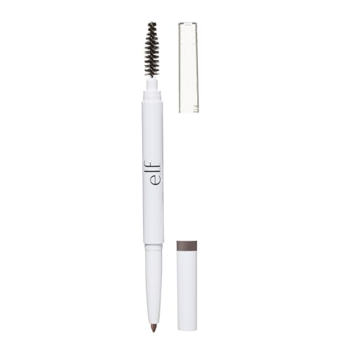 A dual-ended brow pencil with a retractable pencil tip on one side and a spoolie brush on the other, labeled with the elf brand, in a white and silver design.
