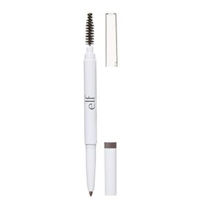 A dual-ended brow pencil with a retractable pencil tip on one side and a spoolie brush on the other, labeled with the elf brand, in a white and silver design.
