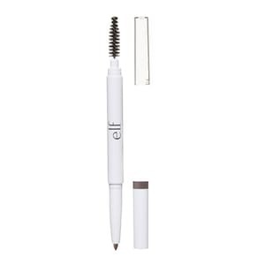 A dual-ended brow pencil with a retractable pencil tip on one side and a spoolie brush on the other, labeled with the elf brand, in a white and silver design.