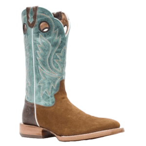 A brown leather cowboy boot with a turquoise shaft featuring stitched decorative patterns, pull holes, and a square toe design, complemented by a sturdy wooden heel and sole.