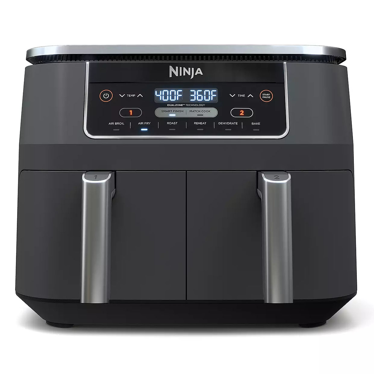Ninja dual-zone air fryer with two cooking compartments, featuring a digital display and multiple cooking settings including air broil, air fry, roast, reheat, dehydrate, and bake.