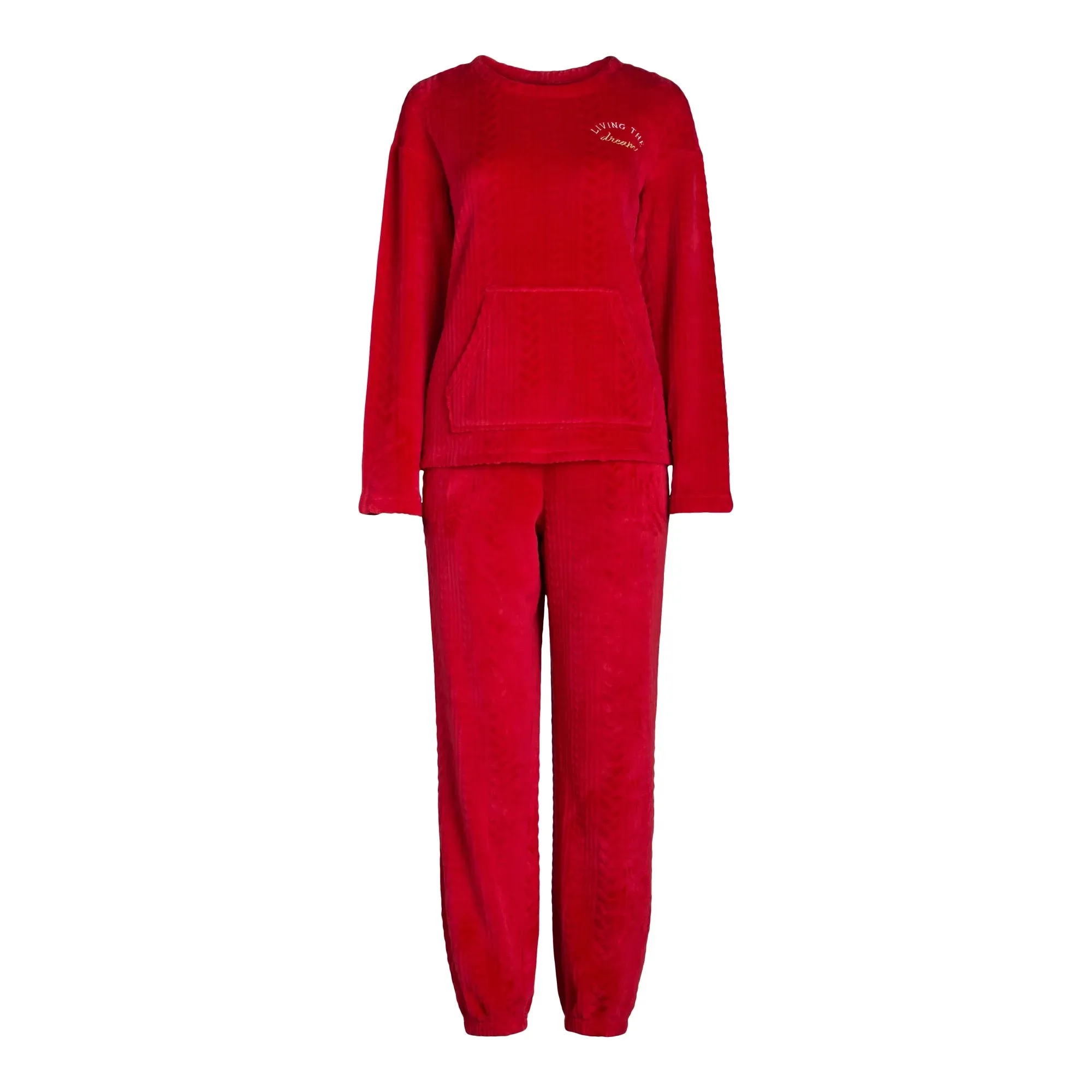 A red two-piece pajama set featuring a long-sleeve top with a large front pocket and the phrase \“Living the dream\“ on the chest, paired with matching pants with cuffed ankles.