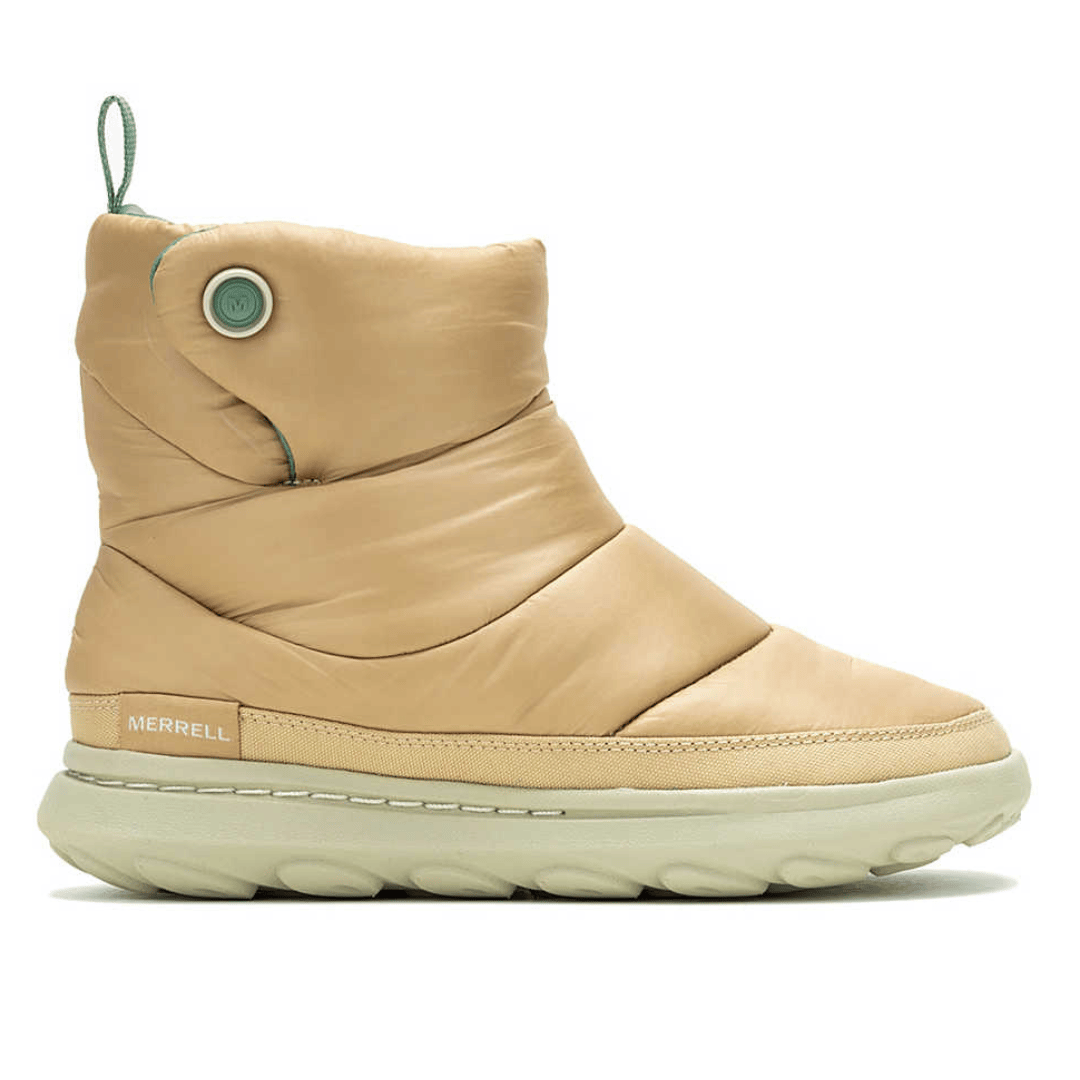 A tan, cushioned, ankle-high boot with a puffy, padded design, featuring a side button detail, thick sole, and Merrell branding.