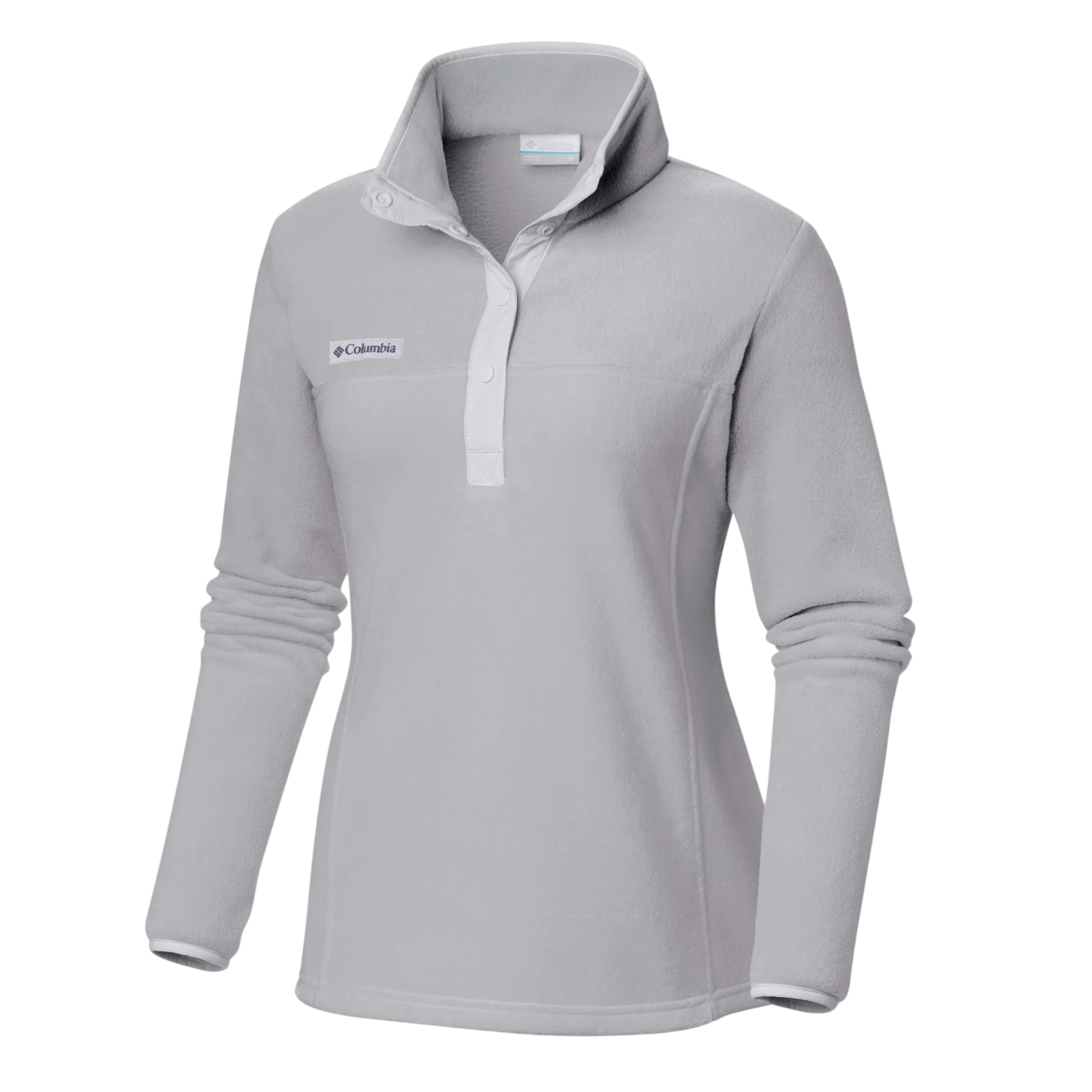 A light gray Columbia fleece pullover with a high collar, long sleeves, and button closure.