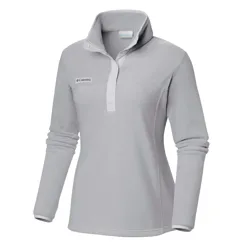 A light gray Columbia fleece pullover with a high collar, long sleeves, and button closure.