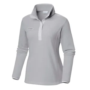 A light gray Columbia fleece pullover with a high collar, long sleeves, and button closure.
