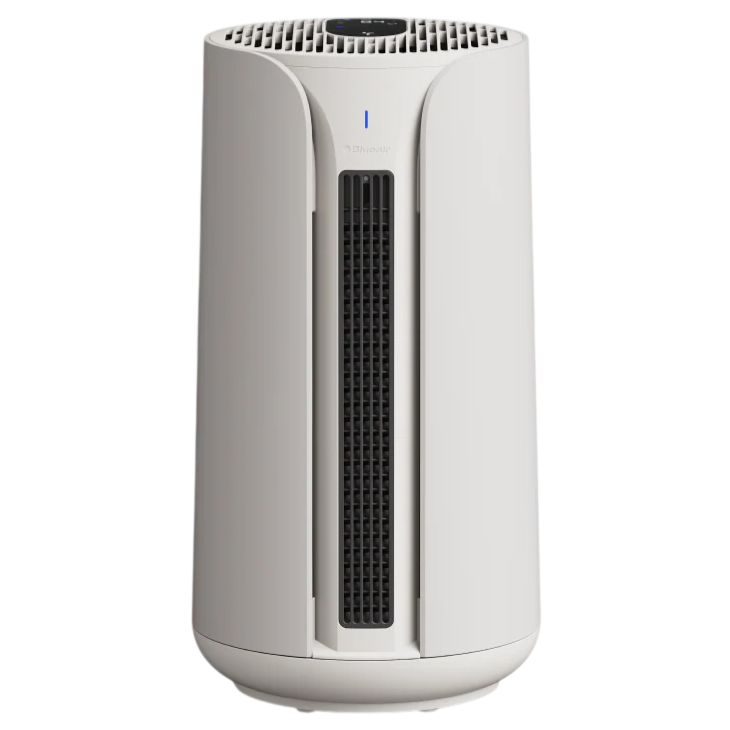 A modern air purifier with a sleek design, featuring a vertical grille and control panel on top for easy operation.