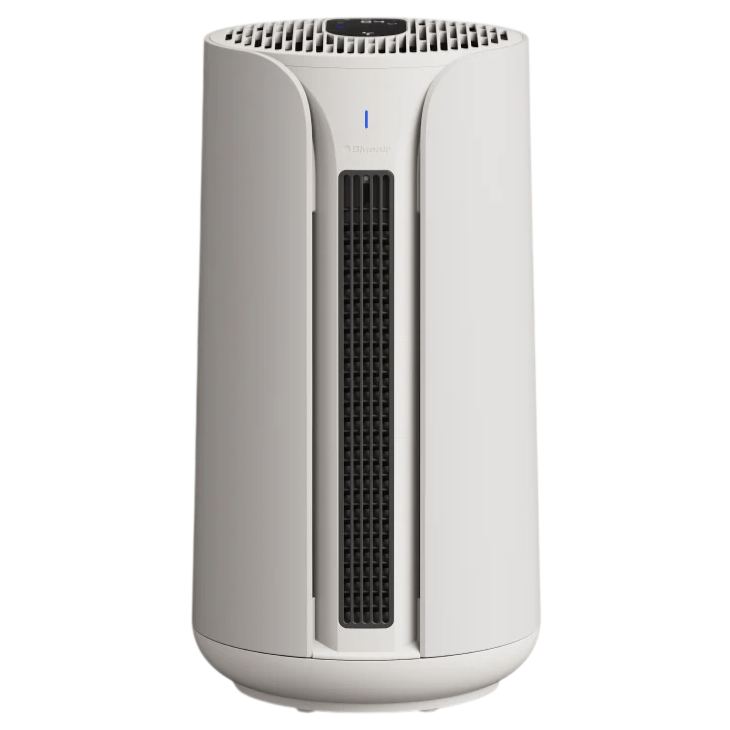 A modern air purifier with a sleek design, featuring a vertical grille and control panel on top for easy operation.