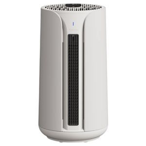 A modern air purifier with a sleek design, featuring a vertical grille and control panel on top for easy operation.