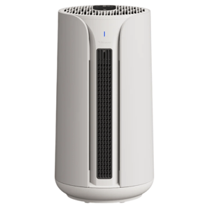 A modern air purifier with a sleek design, featuring a vertical grille and control panel on top for easy operation.