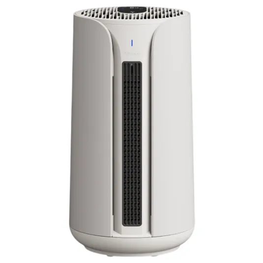 A modern air purifier with a sleek design, featuring a vertical grille and control panel on top for easy operation.