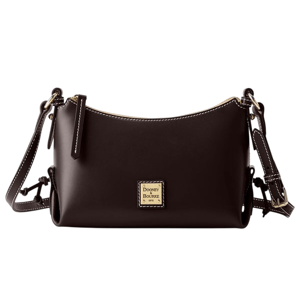 A dark brown leather crossbody bag with white stitching, featuring an adjustable strap and a Dooney & Bourke logo plate on the front.