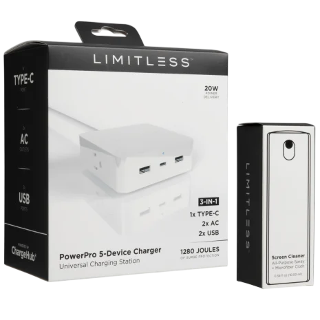 LIMITLESS PowerPro 5-Device Charger with 1x Type-C, 2x AC, and 2x USB ports, rated at 1280 joules, includes a 20W USB-C charger. Also shown, a screen cleaner with an all-purpose spray and microfiber cloth, in a compact form.
