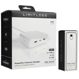 LIMITLESS PowerPro 5-Device Charger with 1x Type-C, 2x AC, and 2x USB ports, rated at 1280 joules, includes a 20W USB-C charger. Also shown, a screen cleaner with an all-purpose spray and microfiber cloth, in a compact form.