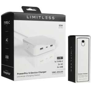 LIMITLESS PowerPro 5-Device Charger with 1x Type-C, 2x AC, and 2x USB ports, rated at 1280 joules, includes a 20W USB-C charger. Also shown, a screen cleaner with an all-purpose spray and microfiber cloth, in a compact form.