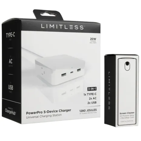 LIMITLESS PowerPro 5-Device Charger with 1x Type-C, 2x AC, and 2x USB ports, rated at 1280 joules, includes a 20W USB-C charger. Also shown, a screen cleaner with an all-purpose spray and microfiber cloth, in a compact form.