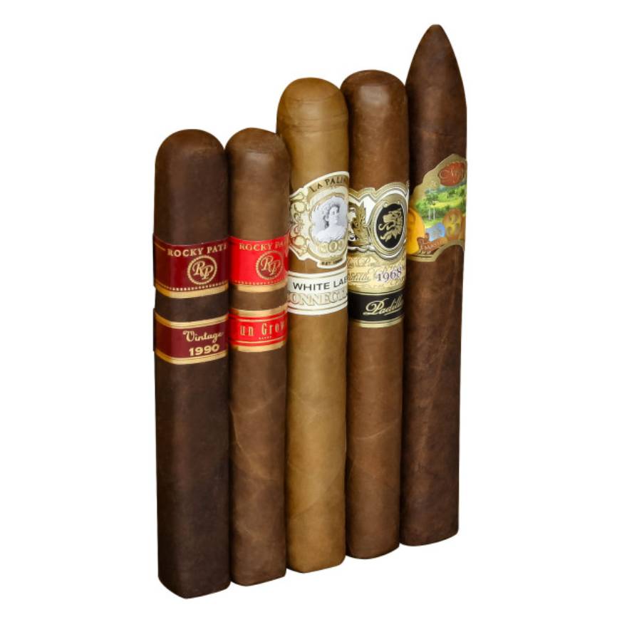 A selection of five cigars with various wrappers and bands indicating different brands and types.