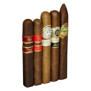 A selection of five cigars with various wrappers and bands indicating different brands and types.