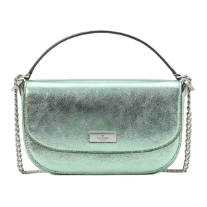 Metallic green shoulder bag with a chain strap and a front flap, featuring a small rectangular brand logo plaque.