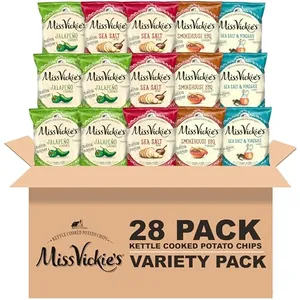 Miss Vickie's Kettle Cooked Potato Chips variety pack includes 28 bags with flavors: Jalapeno, Sea Salt, Smokehouse BBQ, and Salt & Vinegar.