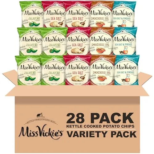 Miss Vickie's Kettle Cooked Potato Chips variety pack includes 28 bags with flavors: Jalapeno, Sea Salt, Smokehouse BBQ, and Salt & Vinegar.