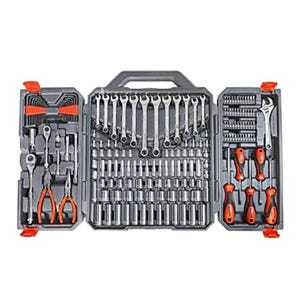 A comprehensive tool set includes pliers, wrenches, sockets, ratchets, screwdrivers, and assorted small tools, all organized in a portable carrying case with a gray and orange color scheme.