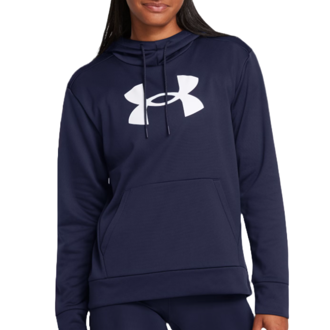 Navy blue Under Armour hoodie featuring a large white logo on the front, equipped with a drawstring hood and a front kangaroo pocket.