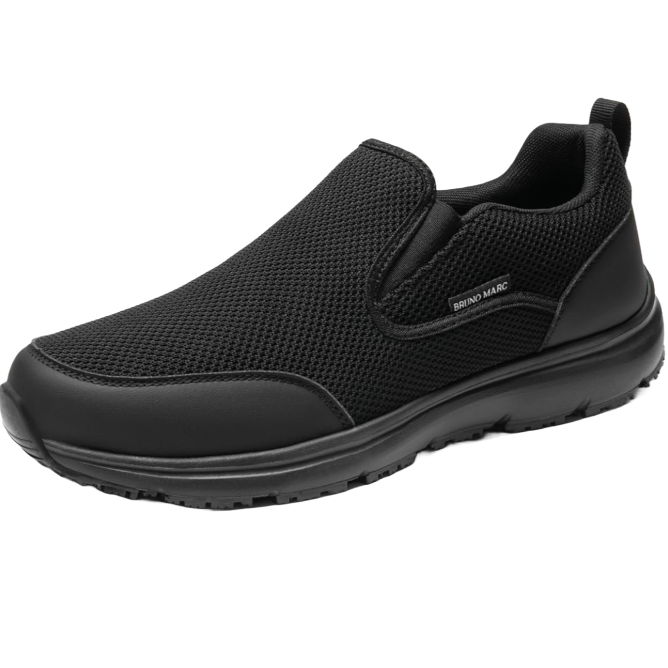Black slip-on men's casual loafers with a mesh upper and synthetic material accents. Features a sturdy rubber sole and a small side tag with branding.