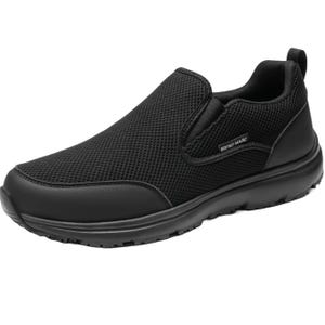 Black slip-on men's casual loafers with a mesh upper and synthetic material accents. Features a sturdy rubber sole and a small side tag with branding.