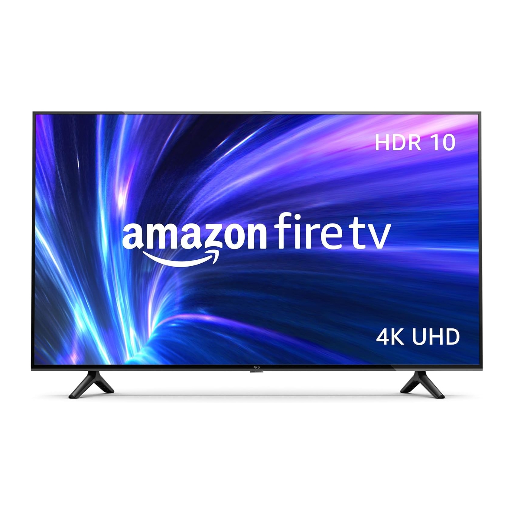 Amazon Fire TV with HDR 10 and 4K UHD features, displaying a vibrant blue graphic on the screen.
