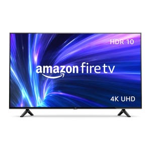 Amazon Fire TV with HDR 10 and 4K UHD features, displaying a vibrant blue graphic on the screen.