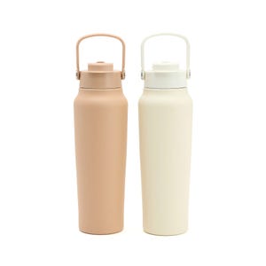 Two Primula 30oz water bottles are shown, one in a soft beige color and the other in off-white. Both feature a handle and screw-on lid for easy carrying and accessibility.