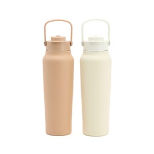Two Primula 30oz water bottles are shown, one in a soft beige color and the other in off-white. Both feature a handle and screw-on lid for easy carrying and accessibility.