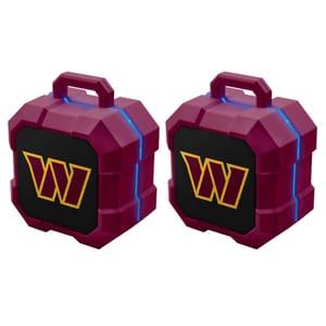 Two maroon NFL wireless speakers with a yellow \“W\“ logo on black grills, featuring angular designs with blue accent lines and convenient carry handles.