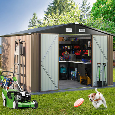 A 10' x 8' metal storage shed with double sliding doors and a gable roof, surrounded by lawn equipment and a playful dog catching a frisbee.