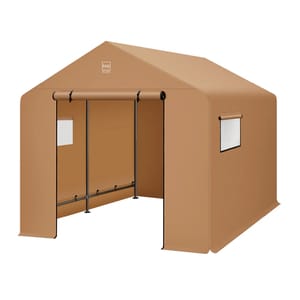 A tan 10' metal-frame fabric storage shed featuring a roll-up front entry and side windows for ventilation, supported by black metal poles.
