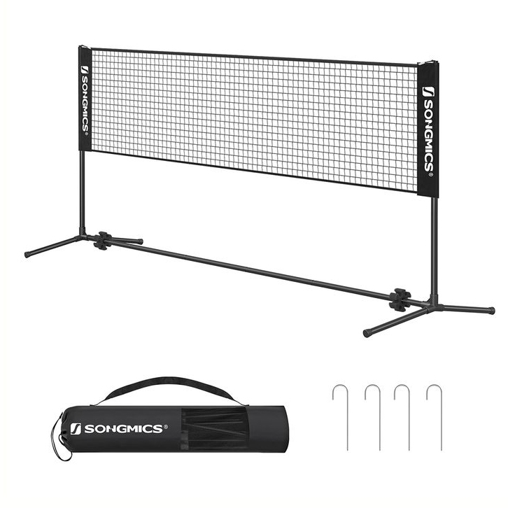 Portable badminton net kit with a black mesh net, stand, carry bag, and four metal ground stakes. Suitable for outdoor recreational play.