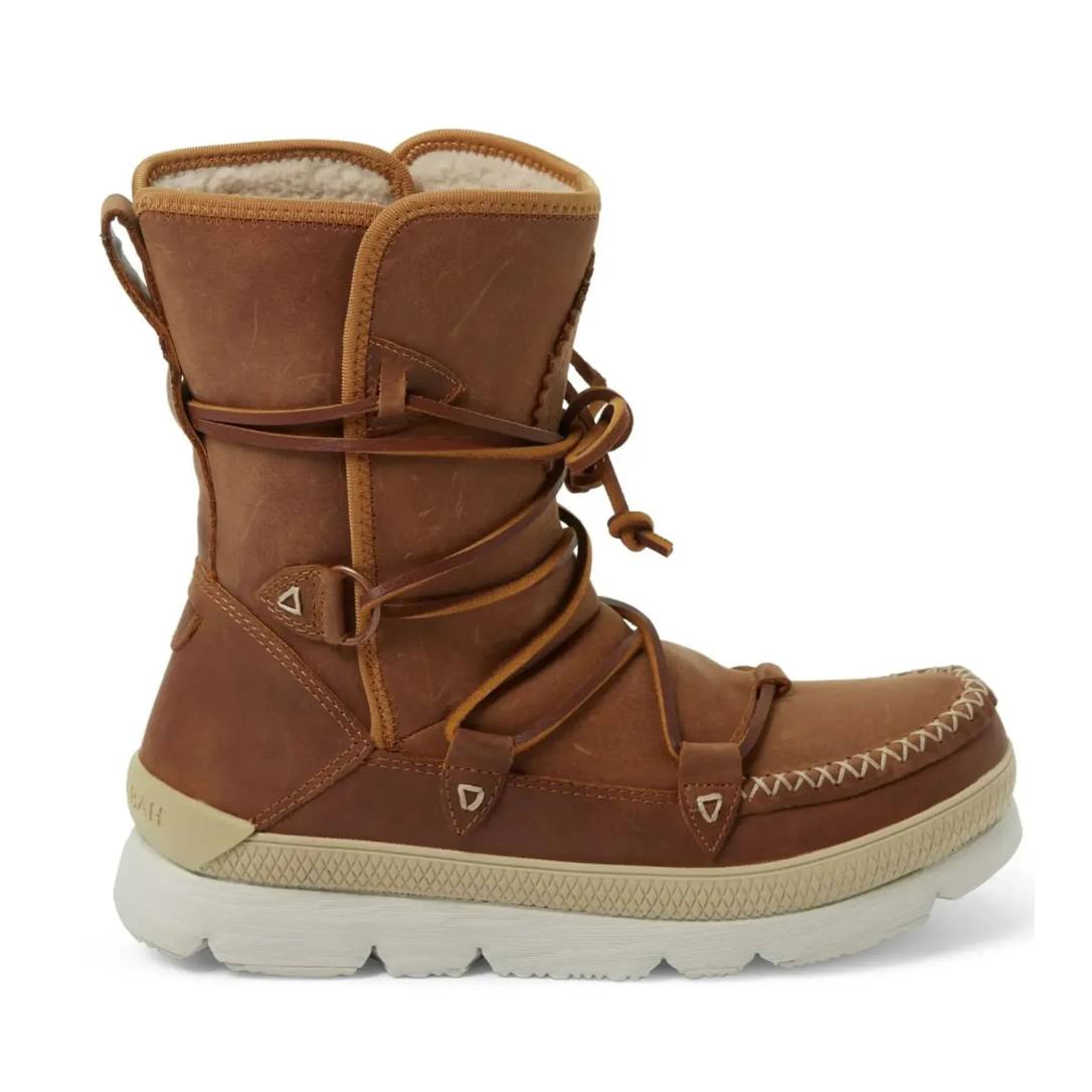 Brown Manitobah winter boots with a mid-calf height, featuring leather construction, lace-up design, and a soft interior lining for warmth. They have a white, textured rubber sole for traction.