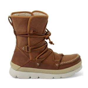 Brown Manitobah winter boots with a mid-calf height, featuring leather construction, lace-up design, and a soft interior lining for warmth. They have a white, textured rubber sole for traction.