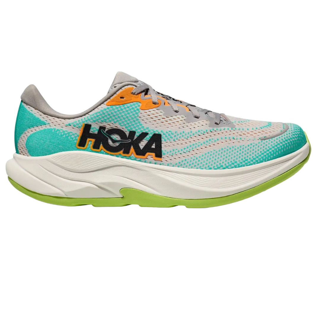 Hoka Men's Rincon 4 Running Shoes feature a turquoise mesh upper with gray and orange accents, a cushioned white midsole, and a green outsole. Designed for lightweight comfort and performance.
