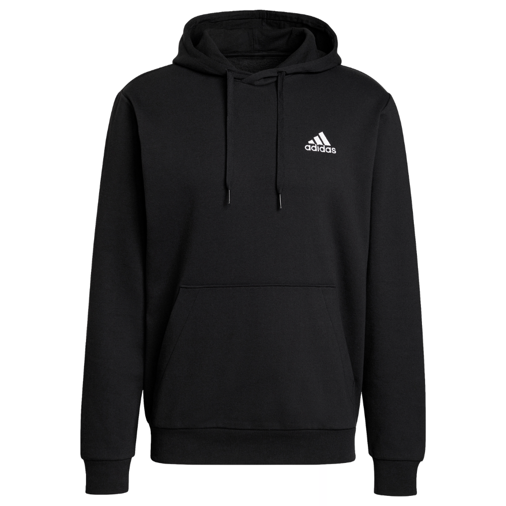 Black Adidas hoodie with a kangaroo pocket and drawstring hood, featuring the Adidas logo on the chest.